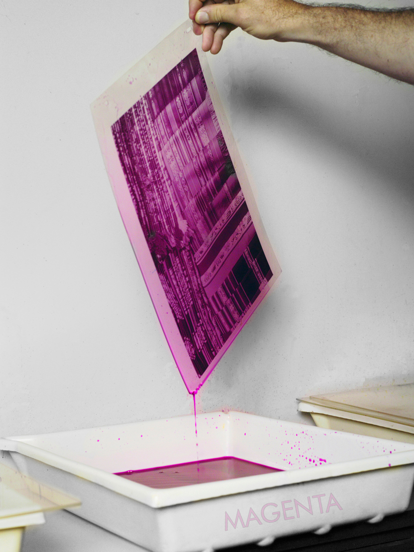 Image: Andy Cross. Draining excess magenta dye from a matrix printer prior to transferring